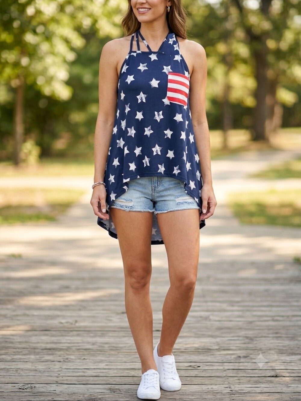Sleeveless Navy Star Print Halter Tank with Flag Pocket, Size 14